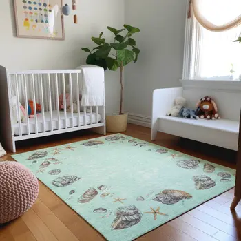 5' X 8' Green Light Blue And Beige Geometric Washable Area Rug With UV Protection