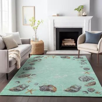 5' X 8' Green Light Blue And Beige Geometric Washable Area Rug With UV Protection