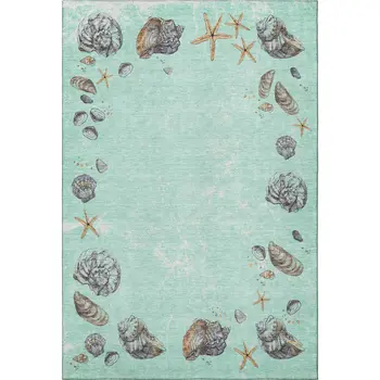 5' X 8' Green Light Blue And Beige Geometric Washable Area Rug With UV Protection
