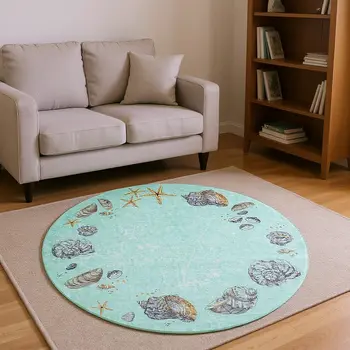8' Green Light Blue And Beige Geometric Washable Round Rug With UV Protection