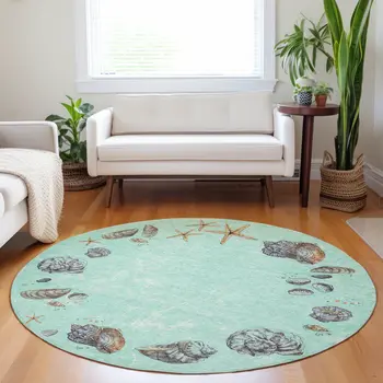 8' Green Light Blue And Beige Geometric Washable Round Rug With UV Protection