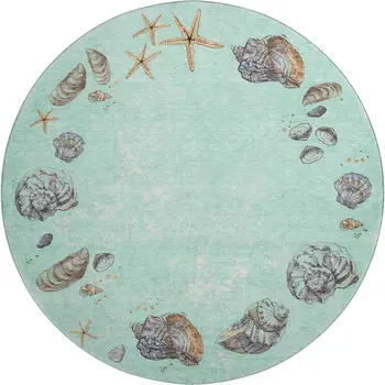 8' Green Light Blue And Beige Geometric Washable Round Rug With UV Protection