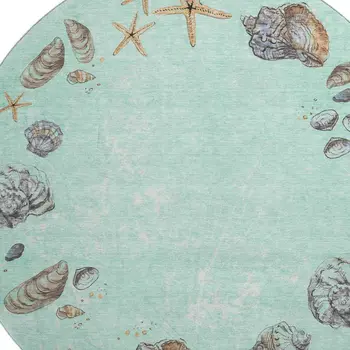 8' Green Light Blue And Beige Geometric Washable Round Rug With UV Protection