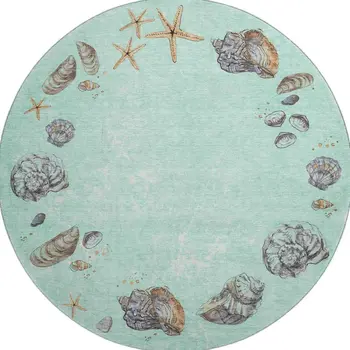 8' Green Light Blue And Beige Geometric Washable Round Rug With UV Protection
