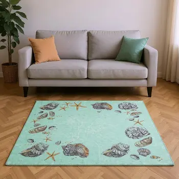 8' X 10' Green Light Blue And Beige Geometric Washable Area Rug With UV Protection