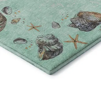 8' X 10' Green Light Blue And Beige Geometric Washable Area Rug With UV Protection
