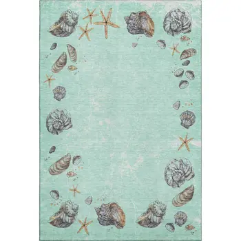 9' X 12' Green Light Blue And Beige Geometric Washable Area Rug With UV Protection