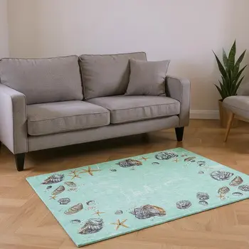 10' X 14' Green Light Blue And Beige Geometric Washable Area Rug With UV Protection