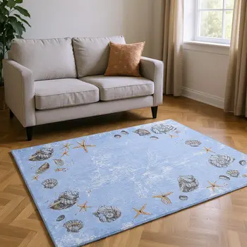 5' X 8' Blue Brown And Ivory Geometric Washable Area Rug With UV Protection