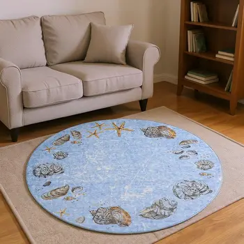 8' Blue Brown And Ivory Geometric Washable Round Rug With UV Protection