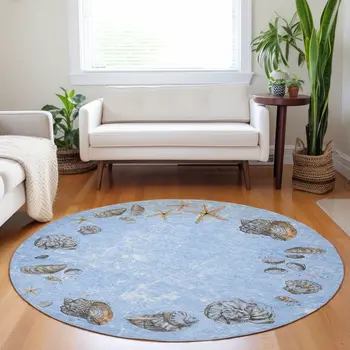 8' Blue Brown And Ivory Geometric Washable Round Rug With UV Protection