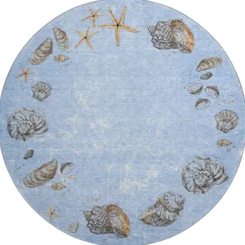 8' Blue Brown And Ivory Geometric Washable Round Rug With UV Protection