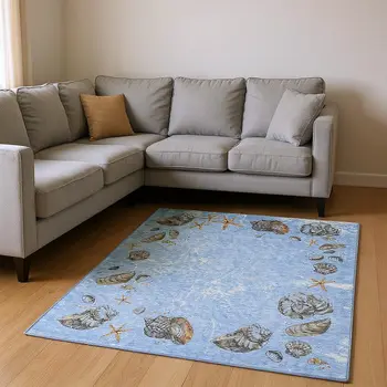 8' X 10' Blue Brown And Ivory Geometric Washable Area Rug With UV Protection