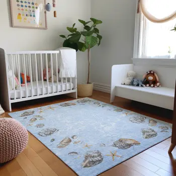 8' X 10' Blue Brown And Ivory Geometric Washable Area Rug With UV Protection