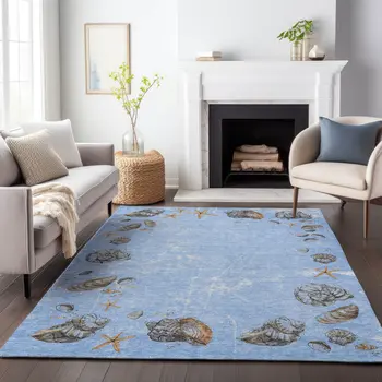 8' X 10' Blue Brown And Ivory Geometric Washable Area Rug With UV Protection