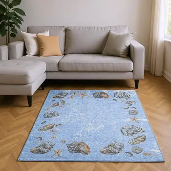 9' X 12' Blue Brown And Ivory Geometric Washable Area Rug With UV Protection