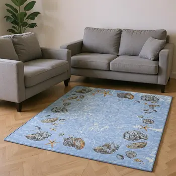 10' X 14' Blue Brown And Ivory Geometric Washable Area Rug With UV Protection