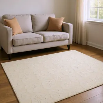 5' X 8' Sand And Ivory Geometric Washable Area Rug With UV Protection