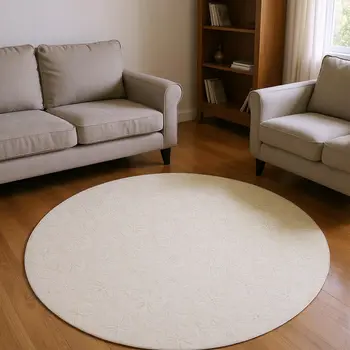 8' Sand And Ivory Geometric Washable Round Rug With UV Protection