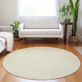 8' Sand And Ivory Geometric Washable Round Rug With UV Protection