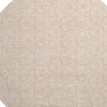 8' Apricot And Ivory Geometric Washable Round Rug With UV Protection