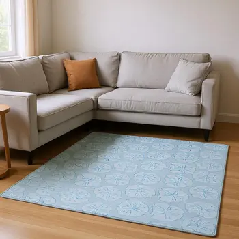 5' X 8' Blue And Ivory Geometric Washable Area Rug With UV Protection