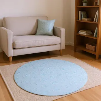 8' Blue And Ivory Geometric Washable Round Rug With UV Protection