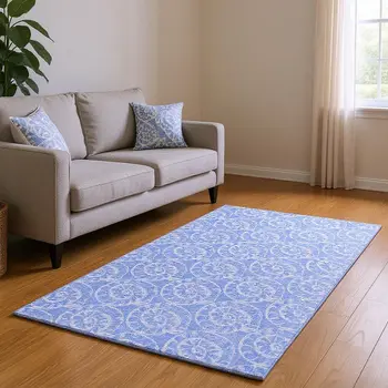 5' X 8' Blue And Ivory Geometric Washable Area Rug With UV Protection