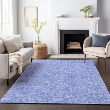 5' X 8' Blue And Ivory Geometric Washable Area Rug With UV Protection