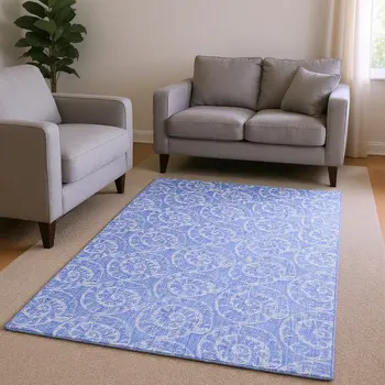 10' X 14' Blue And Ivory Geometric Washable Area Rug With UV Protection
