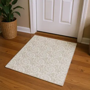 3' X 5' Beige And Ivory Geometric Washable Area Rug With UV Protection