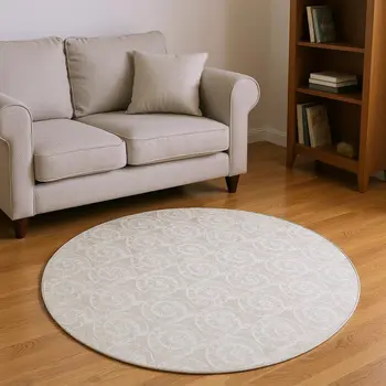 8' Beige And Ivory Geometric Washable Round Rug With UV Protection