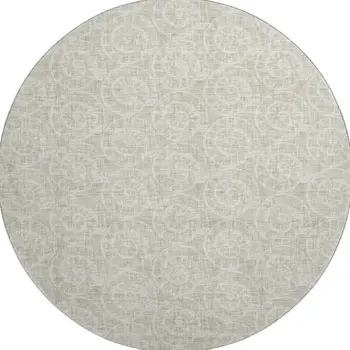 8' Beige And Ivory Geometric Washable Round Rug With UV Protection