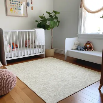 9' X 12' Beige And Ivory Geometric Washable Area Rug With UV Protection