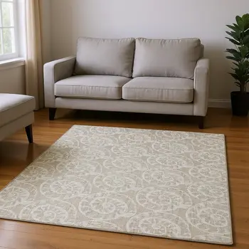 10' X 14' Beige And Ivory Geometric Washable Area Rug With UV Protection