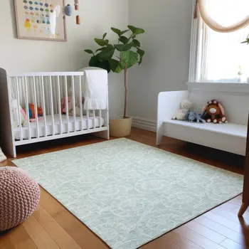 3' X 5' Green And Ivory Geometric Washable Area Rug With UV Protection