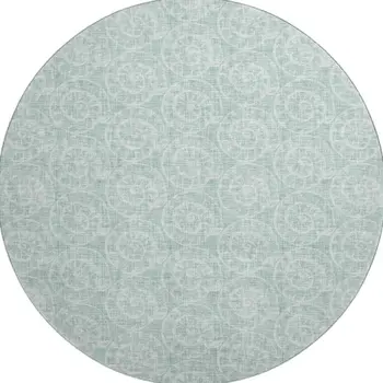 8' Green And Ivory Geometric Washable Round Rug With UV Protection