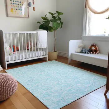 5' X 8' Aqua And Ivory Geometric Washable Area Rug With UV Protection