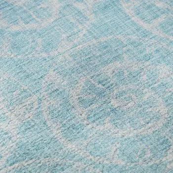 8' Aqua And Ivory Geometric Washable Round Rug With UV Protection