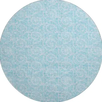 8' Aqua And Ivory Geometric Washable Round Rug With UV Protection
