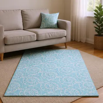 8' X 10' Aqua And Ivory Geometric Washable Area Rug With UV Protection