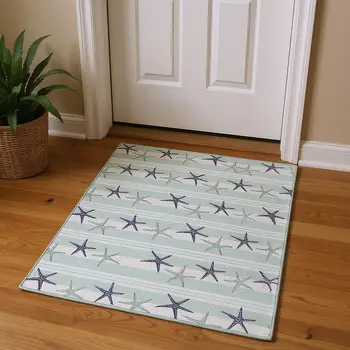 3' X 5' Aqua Navy Blue And Ivory Geometric Washable Area Rug With UV Protection