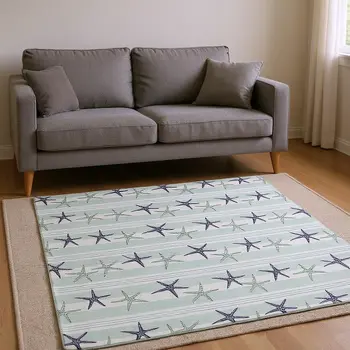 5' X 8' Aqua Navy Blue And Ivory Geometric Washable Area Rug With UV Protection