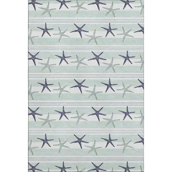 5' X 8' Aqua Navy Blue And Ivory Geometric Washable Area Rug With UV Protection