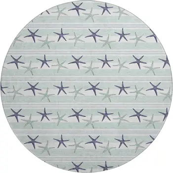 8' Aqua Navy Blue And Ivory Geometric Washable Round Rug With UV Protection