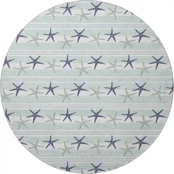 8' Aqua Navy Blue And Ivory Geometric Washable Round Rug With UV Protection