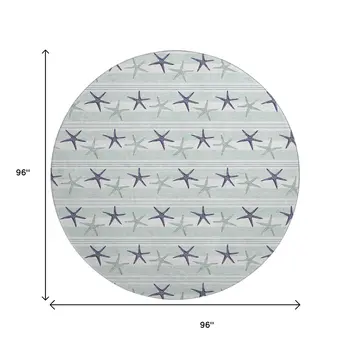 8' Aqua Navy Blue And Ivory Geometric Washable Round Rug With UV Protection