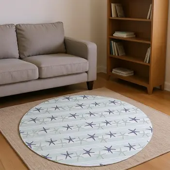8' Aqua Navy Blue And Ivory Geometric Washable Round Rug With UV Protection