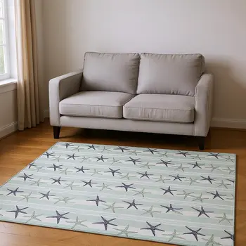 8' X 10' Aqua Navy Blue And Ivory Geometric Washable Area Rug With UV Protection