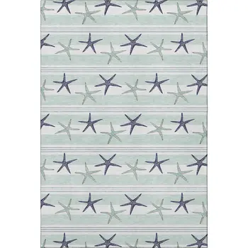 8' X 10' Aqua Navy Blue And Ivory Geometric Washable Area Rug With UV Protection